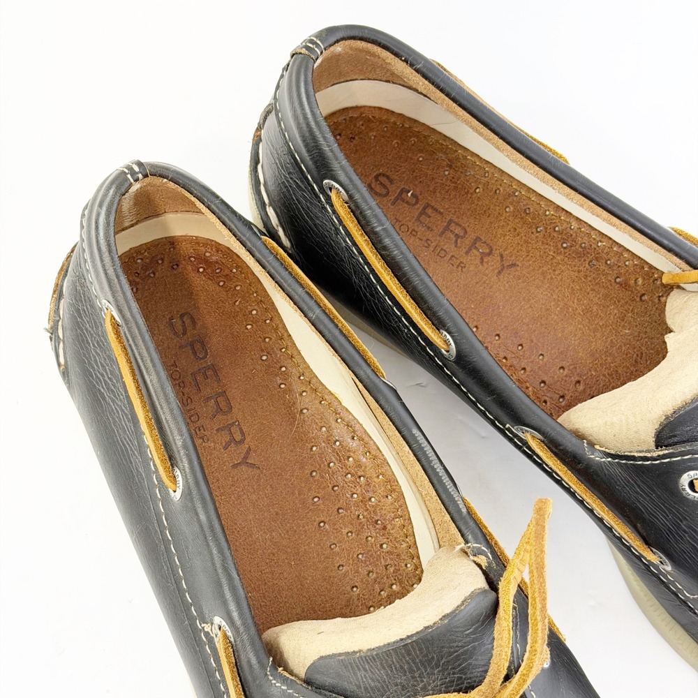Sperry Boat Shoes Mens 15W Black Leather Authentic Original A/O 2-Eye Deck Shoes - Picture 3 of 5